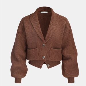 Commense Ribbed Knit Cropped Shawl Collar Cardigan Brown Pockets Size Small